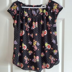 LC Lauren Conrad Black Polka Dot and Floral Top